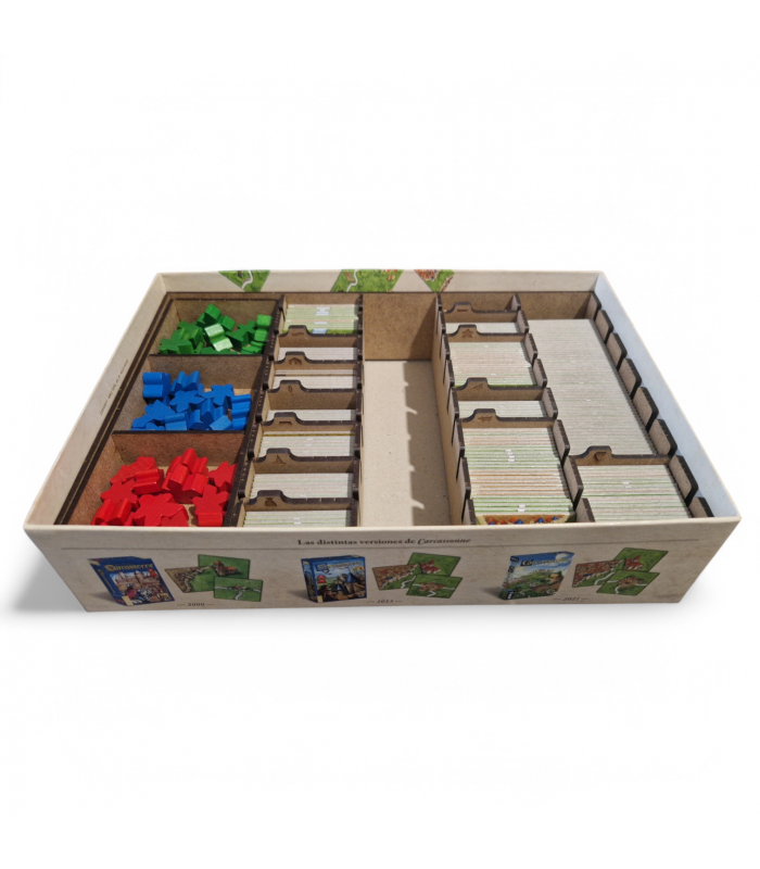 Inserto organizador totalmente ensamblado – Espacios diseñados a medida para losetas, meeples y expansiones de Carcassonne.